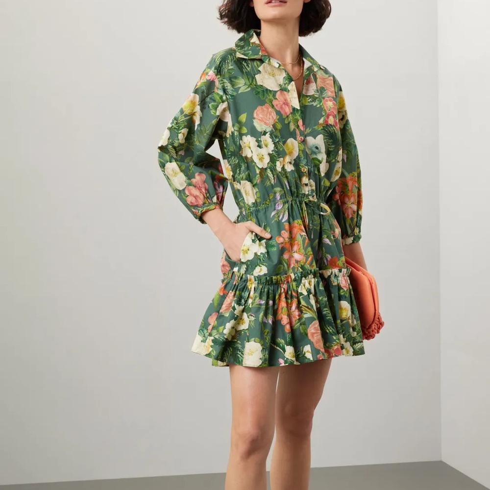 Cara Cara Green Floral Tiered Shirt Dress with Pink & Yellow Blooms
